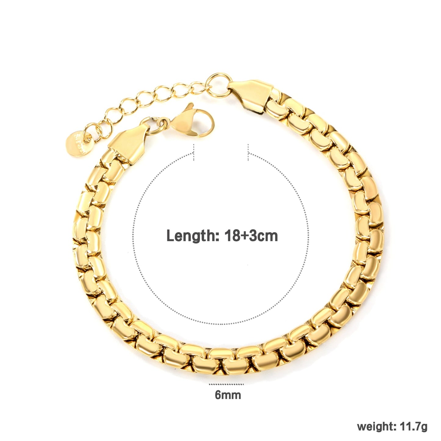 W 6mm*Thick 2.6mm Flattened Pearls Bracelet 18+3cm+6mm Round Tail Plate Steel / Gold asonjewelry