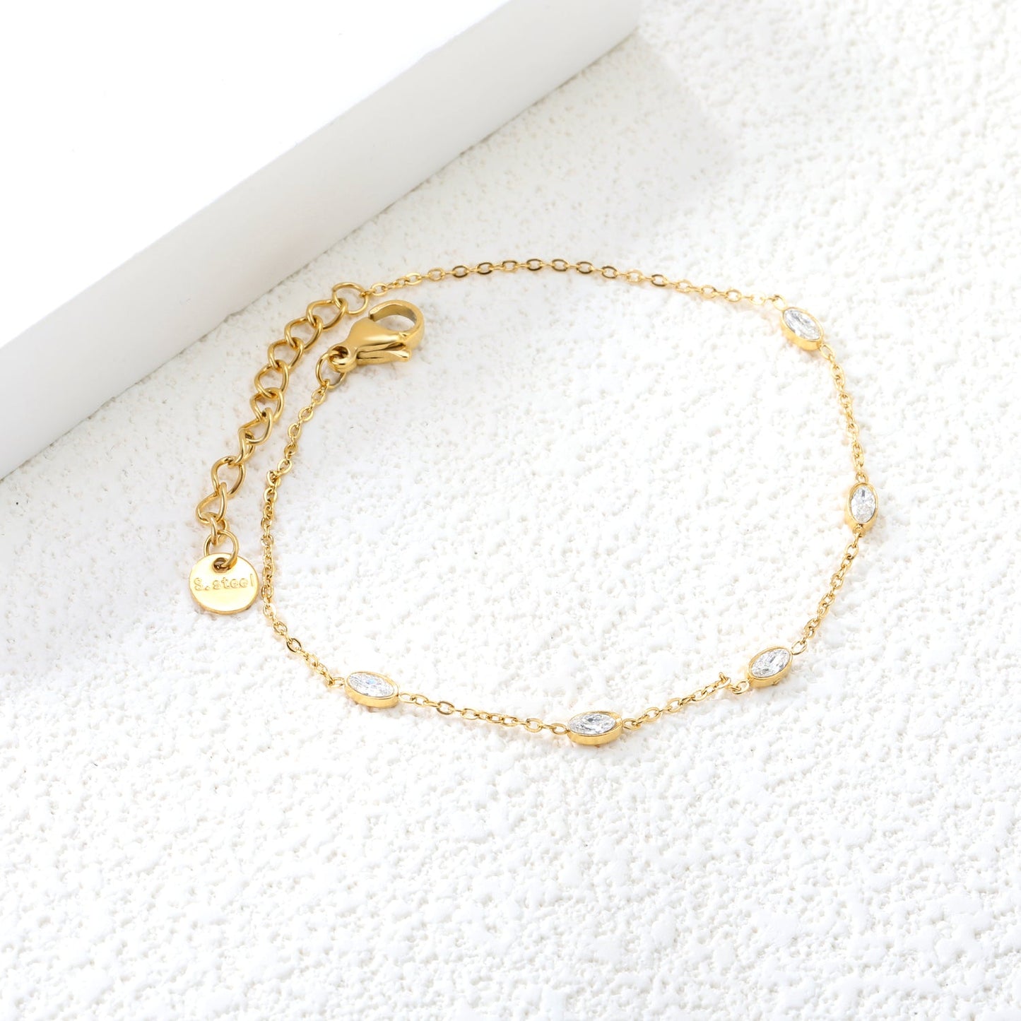 3*4.8mm Oval Sticky White Zirconium Accessories 0.3 Cross Chain*18+3cm+6mm Round Plaque Bracelet Golden asonjewelry