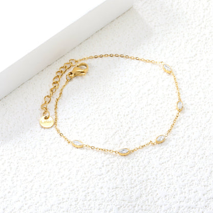 3*4.8mm Oval Sticky White Zirconium Accessories 0.3 Cross Chain*18+3cm+6mm Round Plaque Bracelet Golden asonjewelry