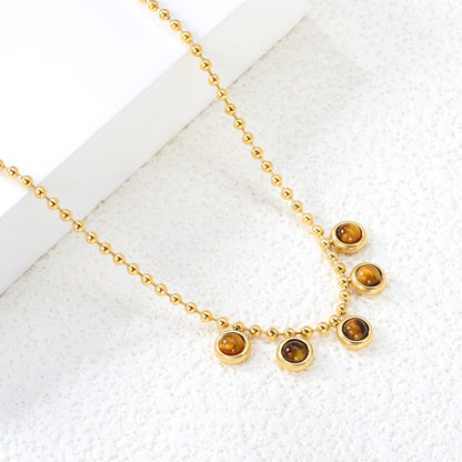6mm round tiger's eye stone accessories 2mm bead chain *40+5cm+6mm round plate necklace Golden asonjewelry