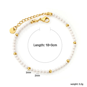 3.2mm White Shell Beads + 3mm Small Steel Beads Bracelet 18+3cm+6mm Round Tag Gold Color