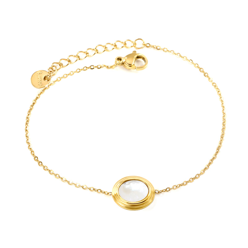 Steps Oval with White Shell Bracelet 0.3 Cross Chain 17+3cm+6mm Round Plaque Gold Color