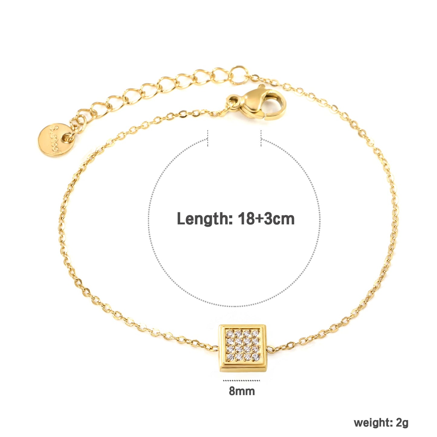 8mm Convex Square CNC White Zirconium 0.3 Cross Bracelet 18+3cm+6mm Round Tail Plaque Gold Color asonjewelry