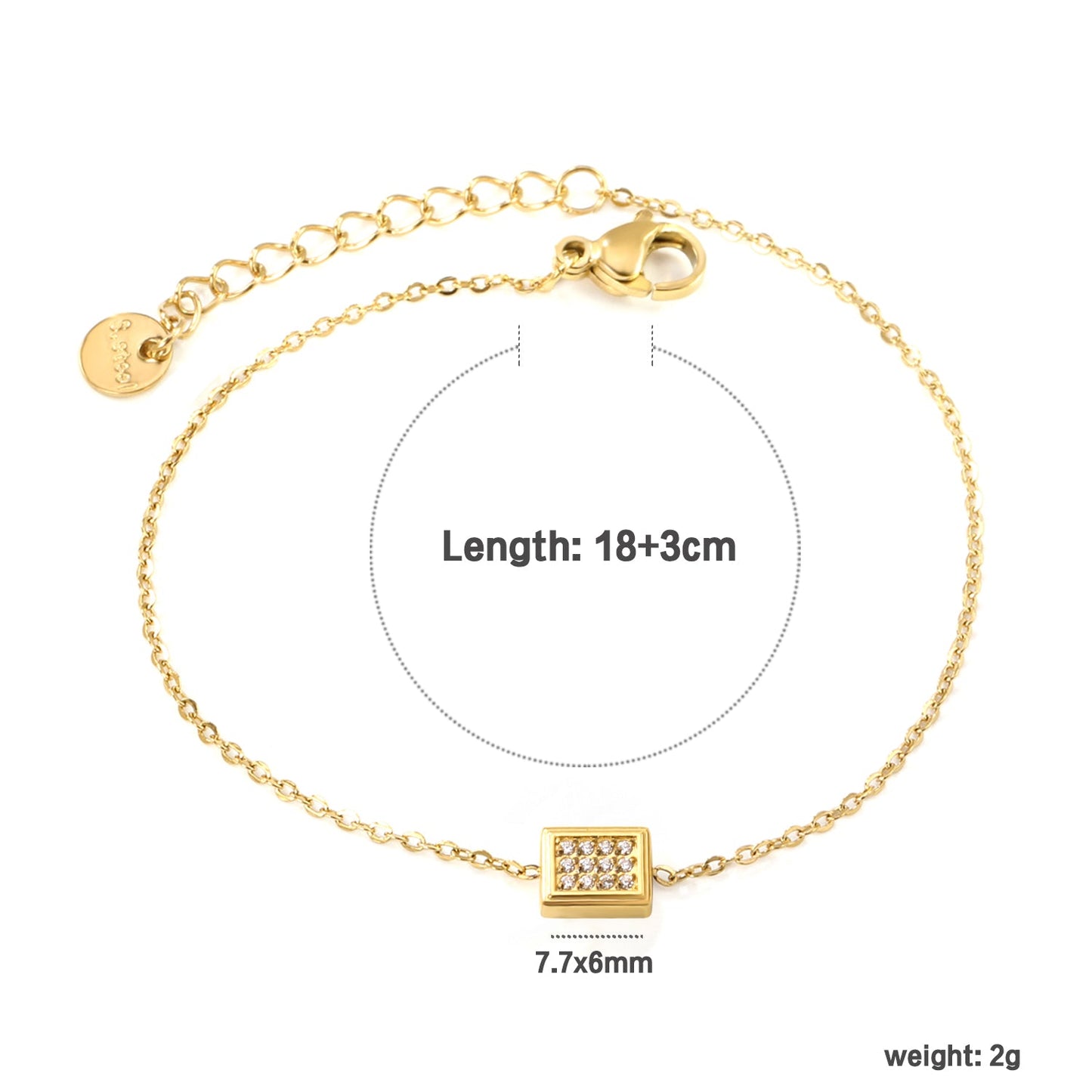 7.7 x 6mm raised edge rectangular 0.3 cross chain bracelet 18+3cm+6mm round pendant Steel color/gold color asonjewelry