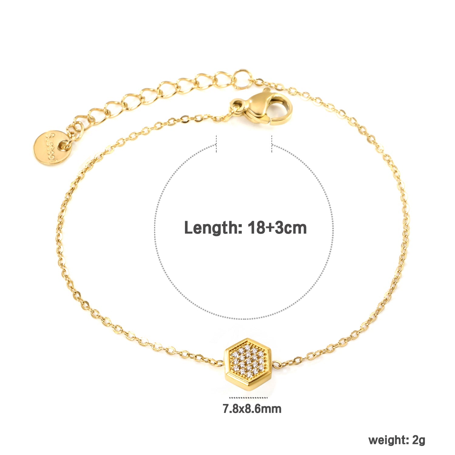 7.8*8.6mm Convex Hexagonal CNC White Zirconium 0.3 Cross Bracelet Bracelet 18+3cm+6mm Round Tail Plaque Gold Color asonjewelry