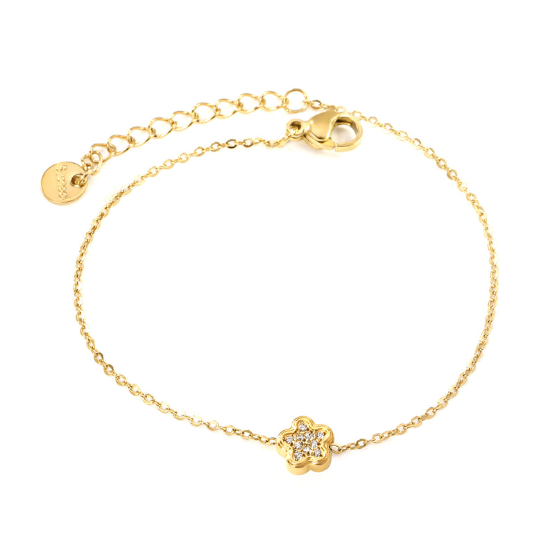 8.2mm Convex Five Petal Flower CNC Zirconium 0.3 Cross Bracelet 18+3cm+6mm Round Tail Plaque Golden