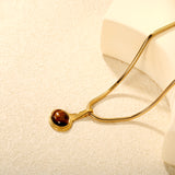 22*34.45mm French oval natural tiger-eye stone pendant, 3mm round snake, 40+5cm+6mm round tail tag, necklace, gold