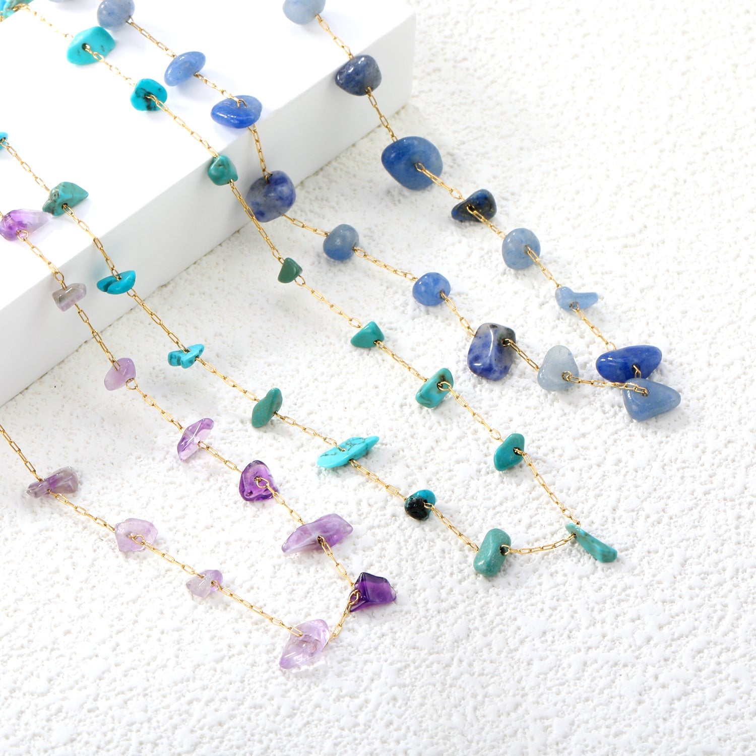 White turquoise/amethyst/pink stone/sky blue stone/turquoise/mixed color stone accessories 0.3 cross elongated chain *40+5cm+6mm round tail plate necklace gold color asonjewelry