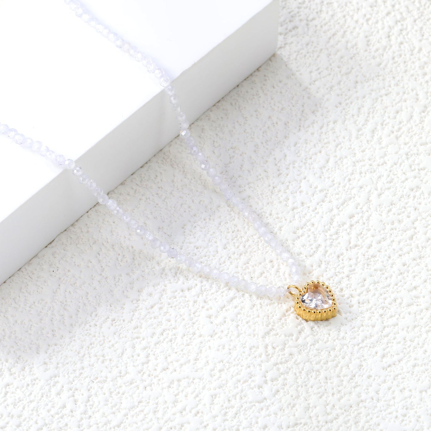 8.5*8.6mm Bead Edge Heart Shape Sticky White/Black/Purple/Red/Pink Zircon Pendant 2mm White Beads*40+5cm+6mm Round Plaque Necklace Gold Color asonjewelry