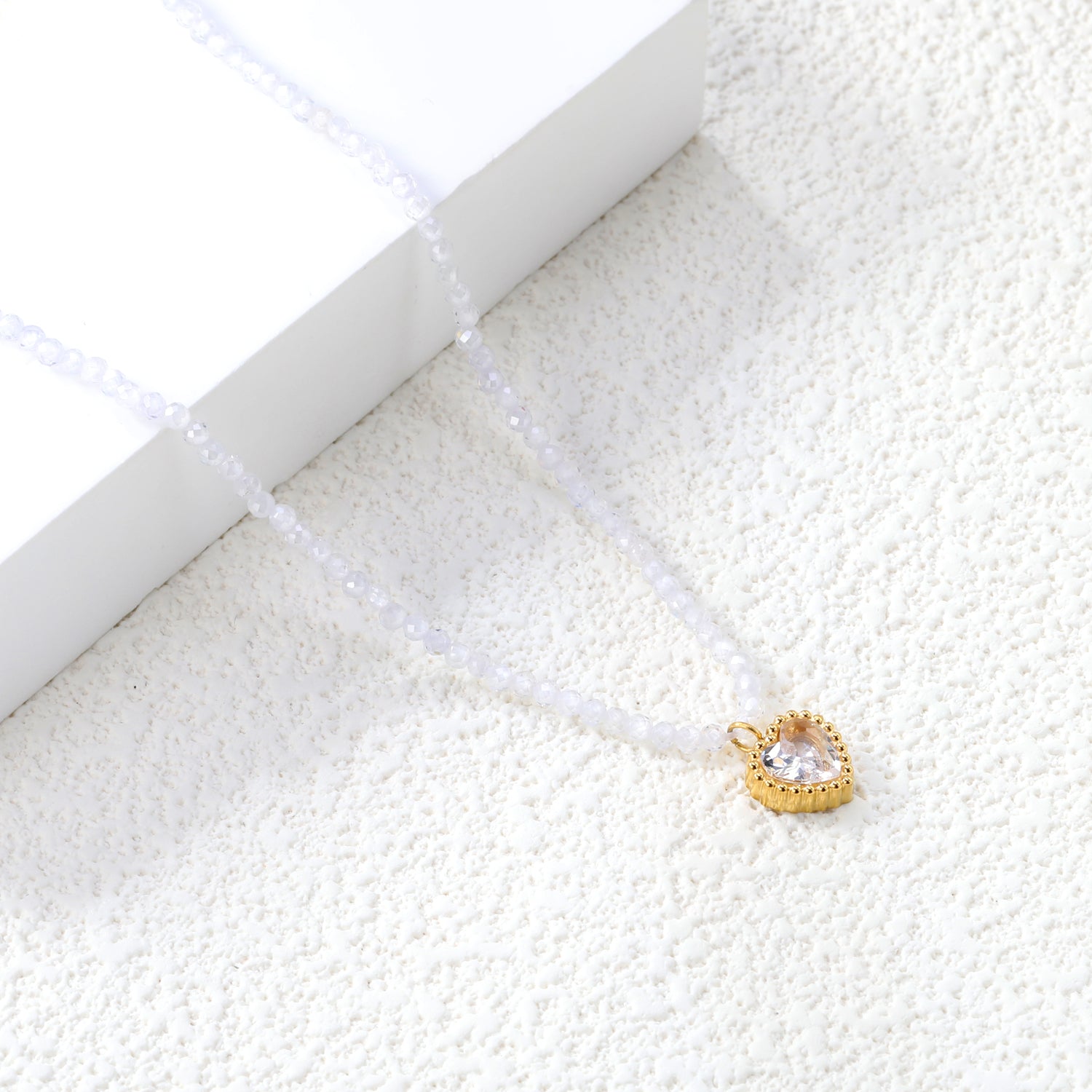 8.5*8.6mm Bead Edge Heart Shape Sticky White/Black/Purple/Red/Pink Zircon Pendant 2mm White Beads*40+5cm+6mm Round Plaque Necklace Gold Color asonjewelry