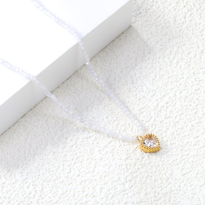 8.5*8.6mm Bead Edge Heart Shape Sticky White/Black/Purple/Red/Pink Zircon Pendant 2mm White Beads*40+5cm+6mm Round Plaque Necklace Gold Color asonjewelry