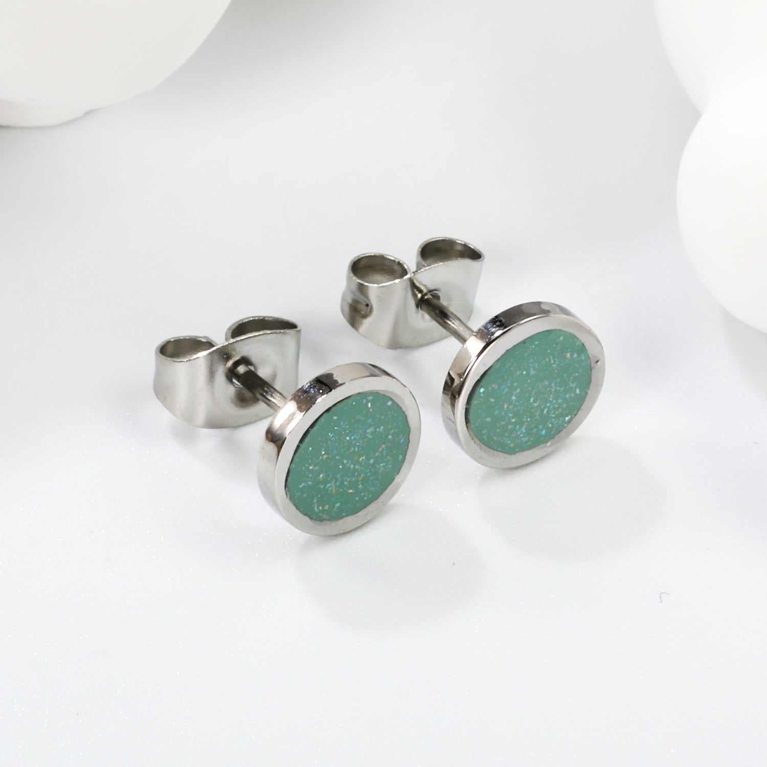 7.7mm Round with Gray Green/Mint Green Glitter Drip Earrings Steel Color asonjewelry