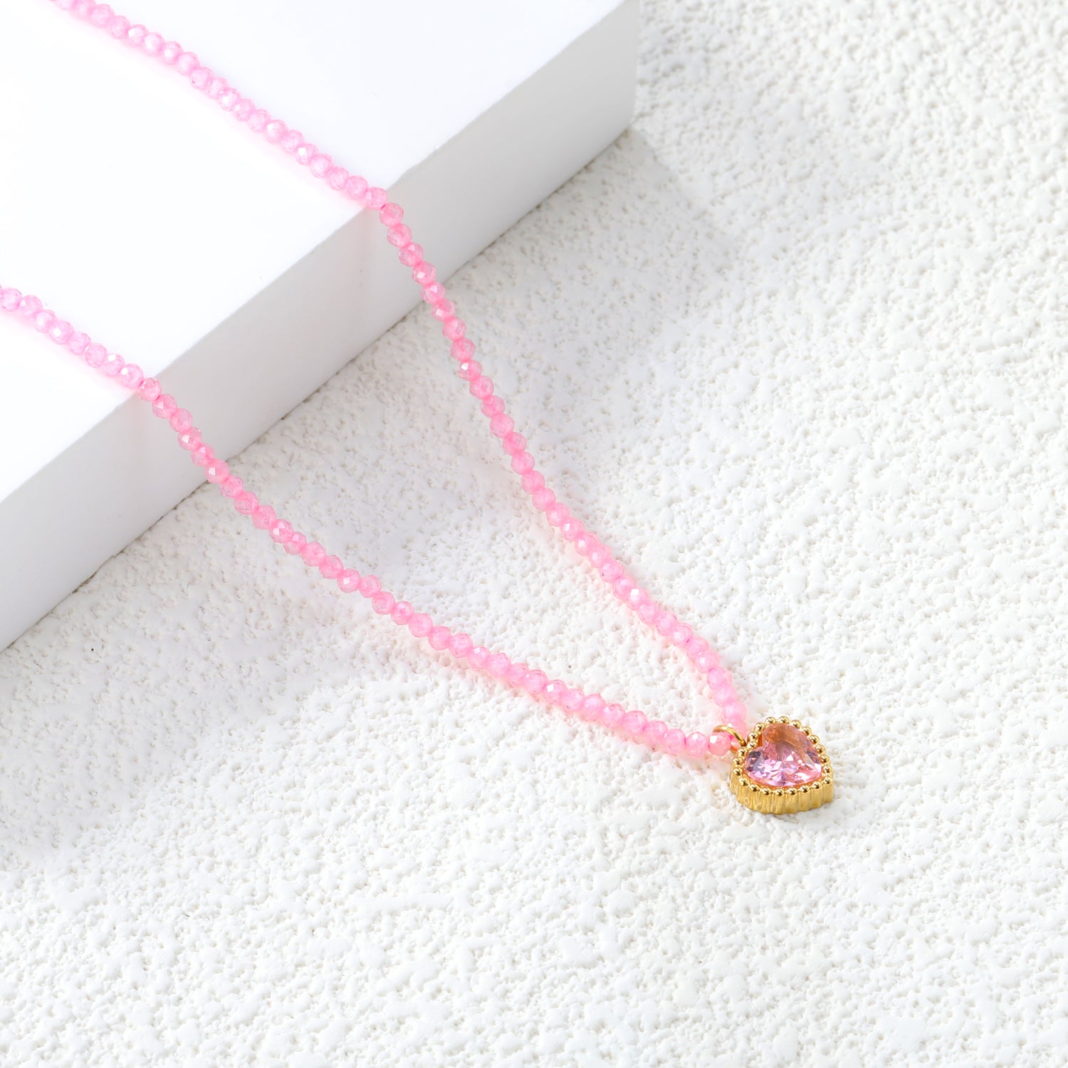 8.5*8.6mm Bead Edge Heart Shape Sticky White/Black/Purple/Red/Pink Zircon Pendant 2mm White Beads*40+5cm+6mm Round Plaque Necklace Gold Color asonjewelry