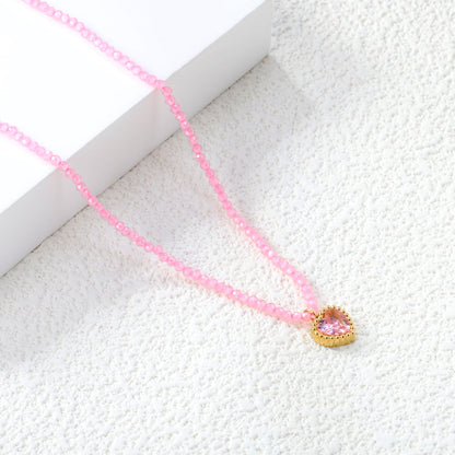 8.5*8.6mm Bead Edge Heart Shape Sticky White/Black/Purple/Red/Pink Zircon Pendant 2mm White Beads*40+5cm+6mm Round Plaque Necklace Gold Color asonjewelry