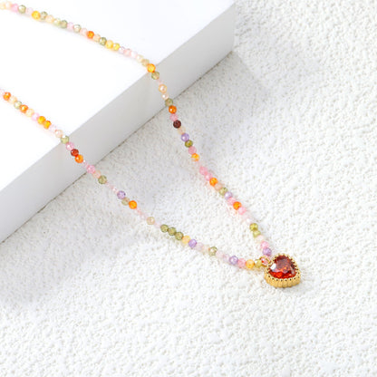 8.5*8.6mm Bead Edge Heart Shape Sticky White/Black/Purple/Red/Pink Zircon Pendant 2mm White Beads*40+5cm+6mm Round Plaque Necklace Gold Color asonjewelry