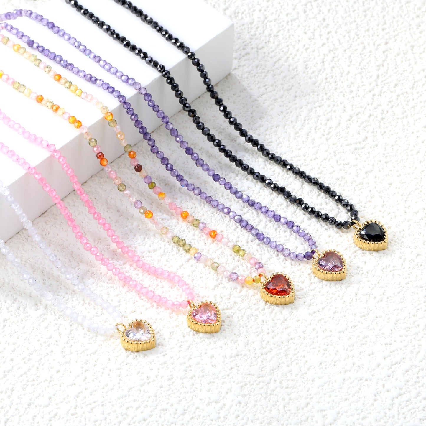 8.5*8.6mm Bead Edge Heart Shape Sticky White/Black/Purple/Red/Pink Zircon Pendant 2mm White Beads*40+5cm+6mm Round Plaque Necklace Gold Color asonjewelry