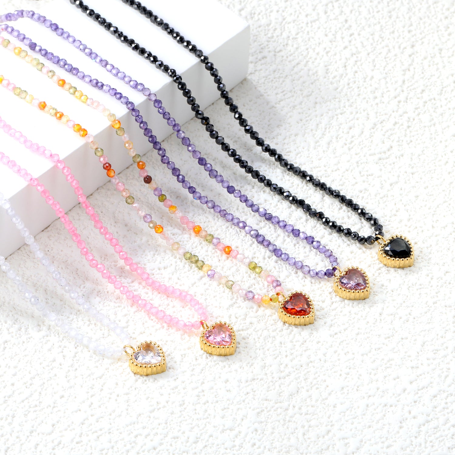8.5*8.6mm Bead Edge Heart Shape Sticky White/Black/Purple/Red/Pink Zircon Pendant 2mm White Beads*40+5cm+6mm Round Plaque Necklace Gold Color asonjewelry