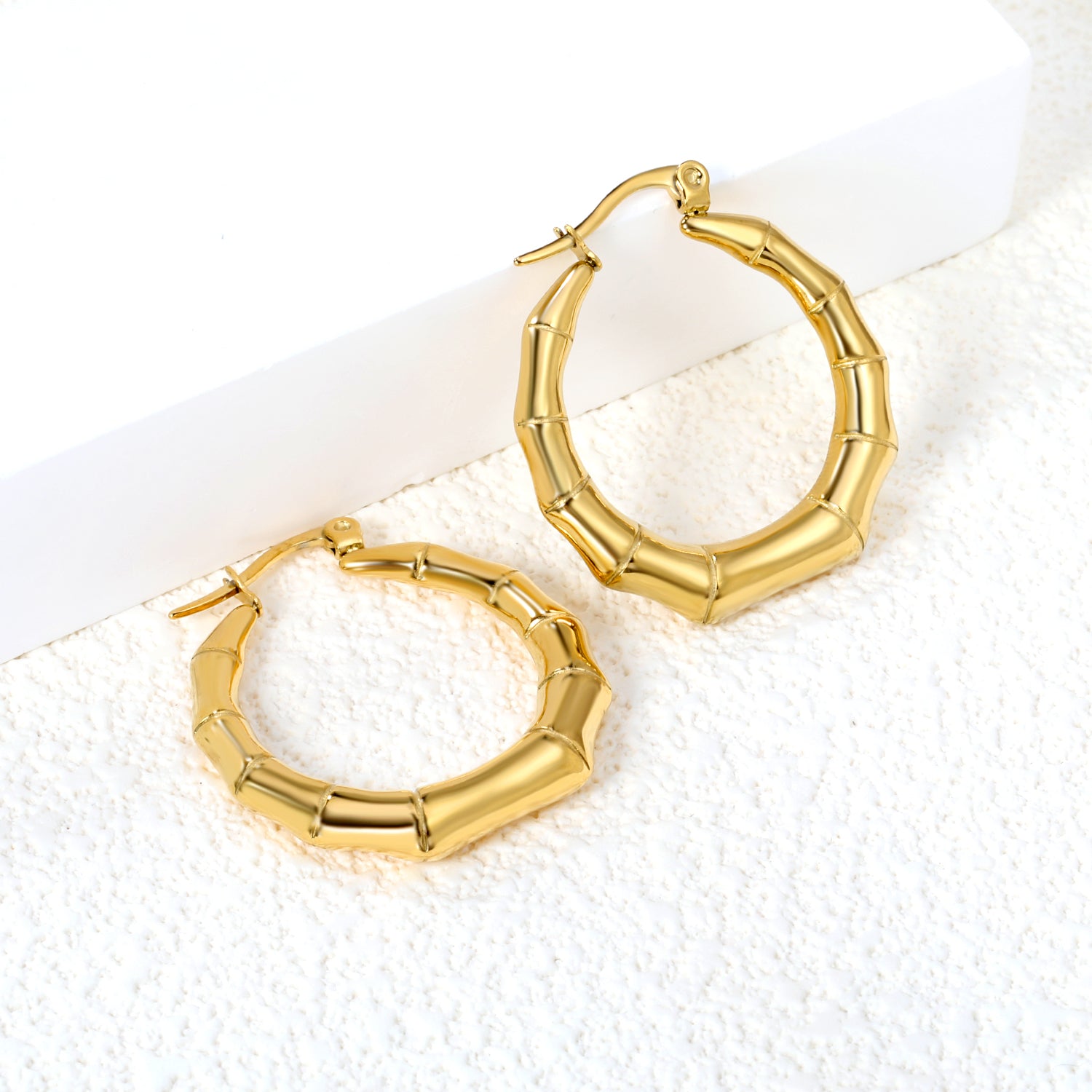 Hollow open round bamboo earrings 28.8mm gold color asonjewelry