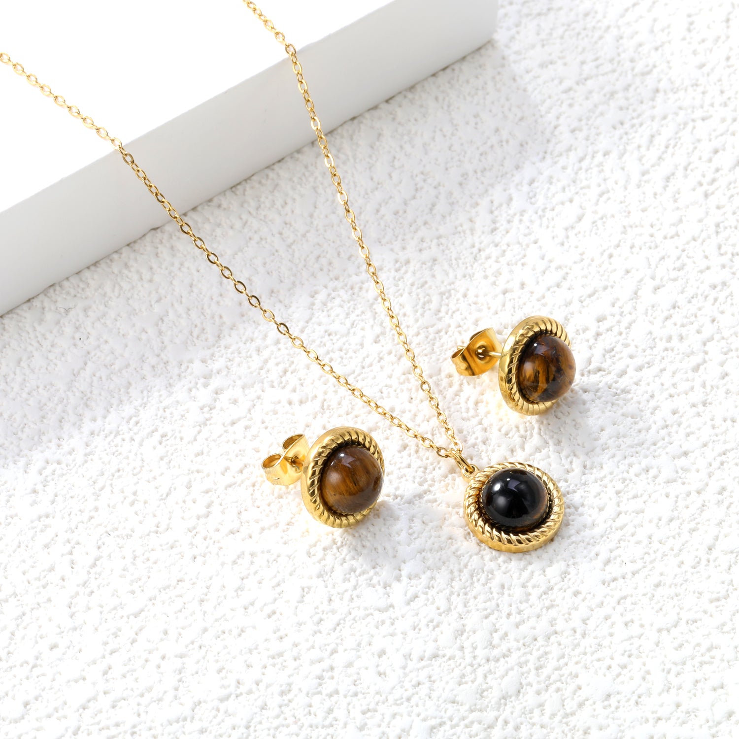 Tiger's Eye Set Gold-colored earrings:11.6mm Pendant:11.6mm 0.3 cross chain*40+5cm+6mm round plaque asonjewelry