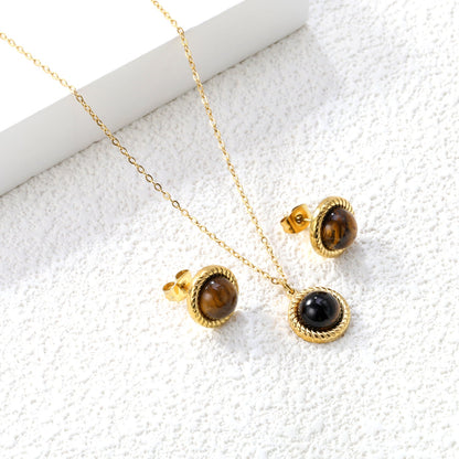 Tiger's Eye Set Gold-colored earrings:11.6mm Pendant:11.6mm 0.3 cross chain*40+5cm+6mm round plaque asonjewelry