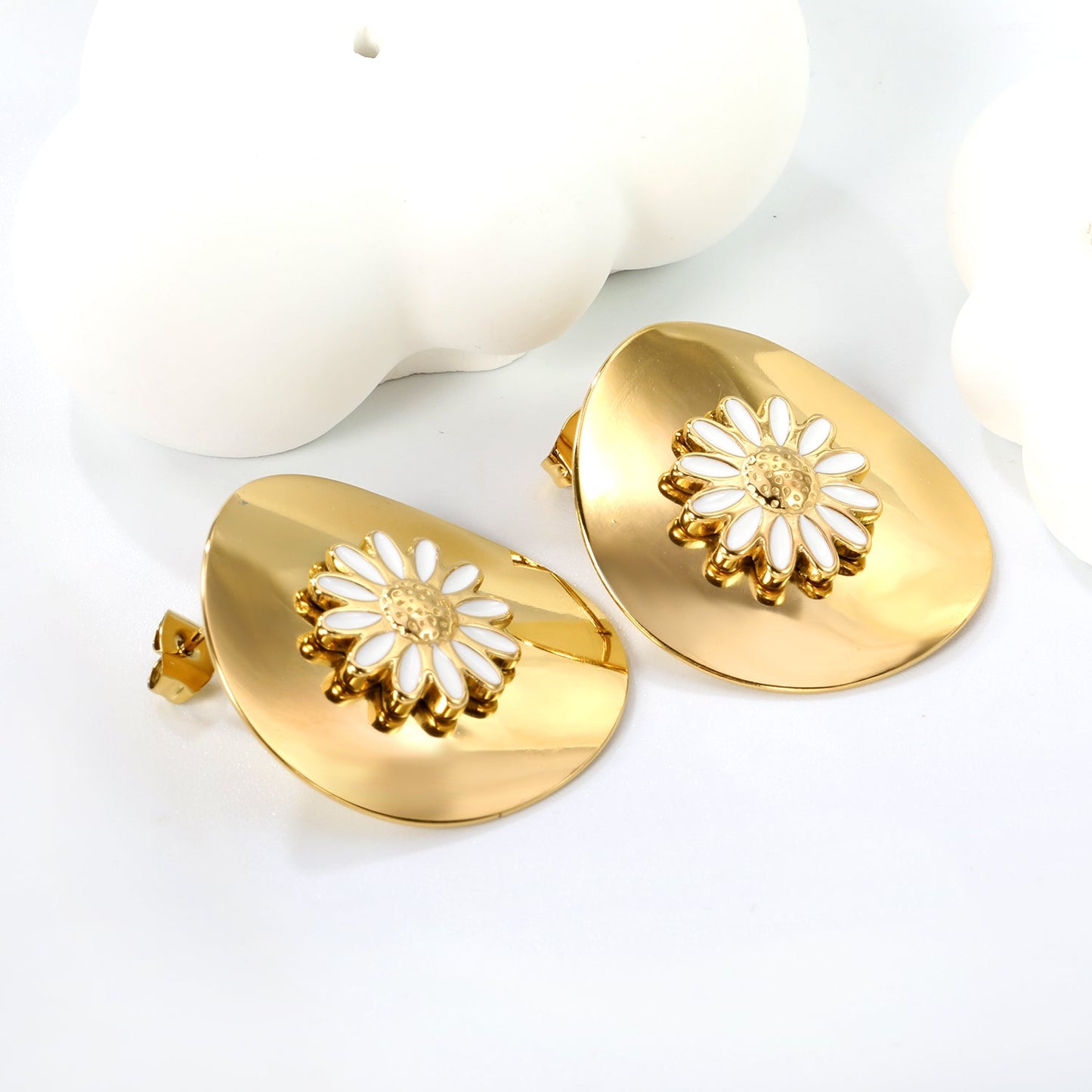 27.2*29mm oval piece with 14.6mm white oil drop daisy stud earrings gold color asonjewelry