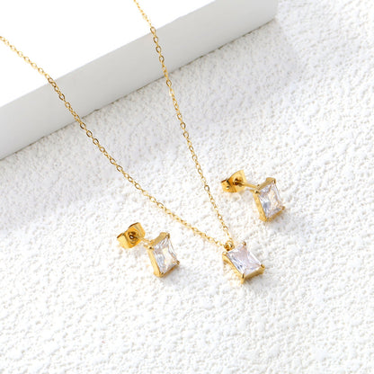 Rectangular white zirconium set Gold-colored earrings:5*7mm Pendant:5*7mm 0.3 cross chain*40+5cm+6mm round plate asonjewelry