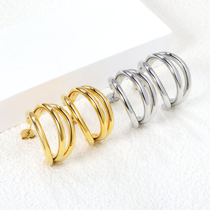 Triple Size C-Shaped Gold Stud Earrings 3*17*24.7mm asonjewelry