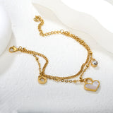 Cylinder white diamond + lucky star + heart-shaped white shell bead chain double bracelet 17 + 5cm + 6mm bracelet, gold color