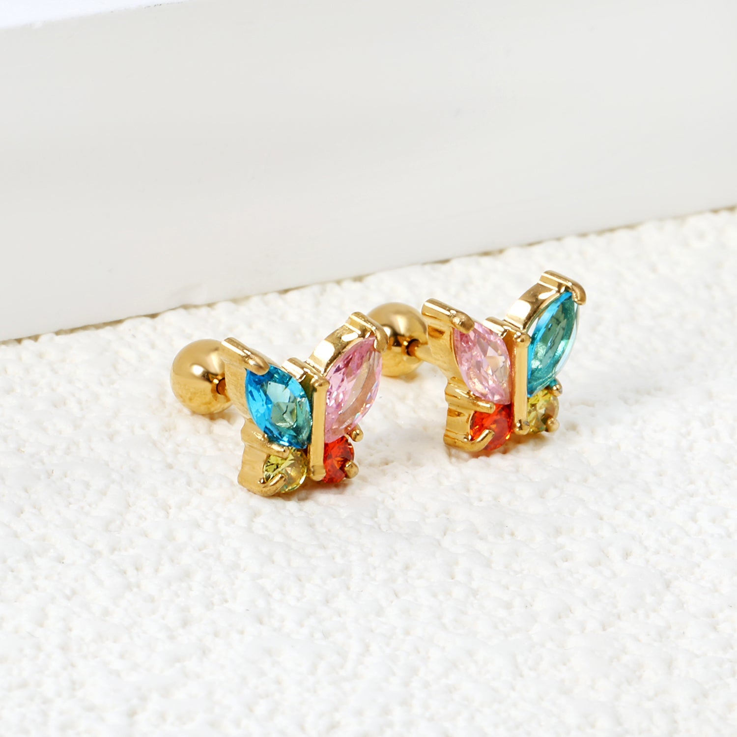 Steel Screw Butterfly with White Diamonds & Mixed Diamonds Earrings 9.2*8.3mm asonjewelry