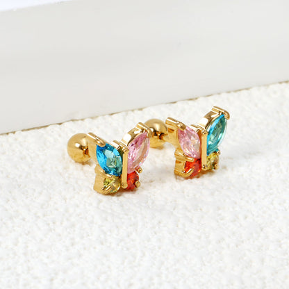 Steel Screw Butterfly with White Diamonds & Mixed Diamonds Earrings 9.2*8.3mm asonjewelry