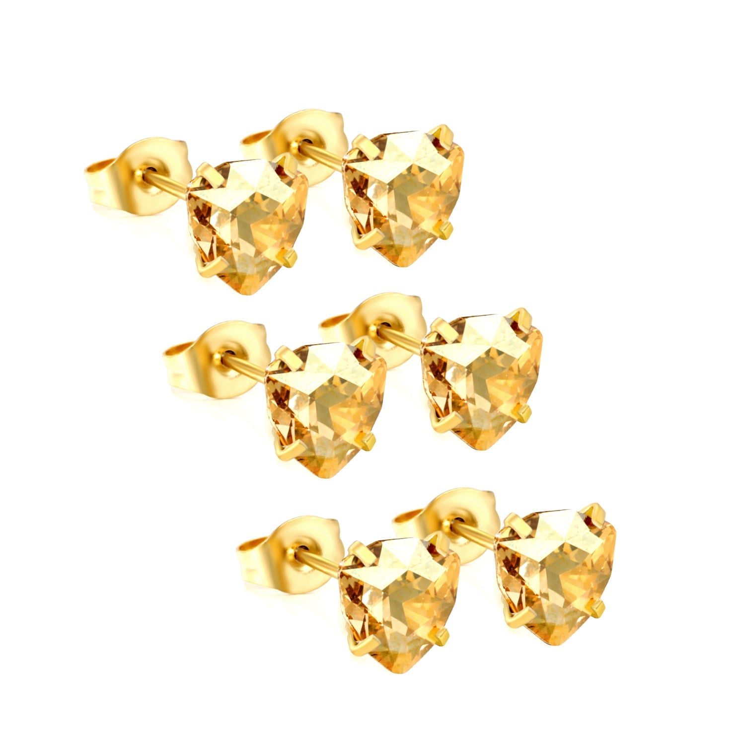 3 pairs of white/mineral black/red/light pink/champagne color 7mm equilateral triangle diamond earrings set Gold color asonjewelry