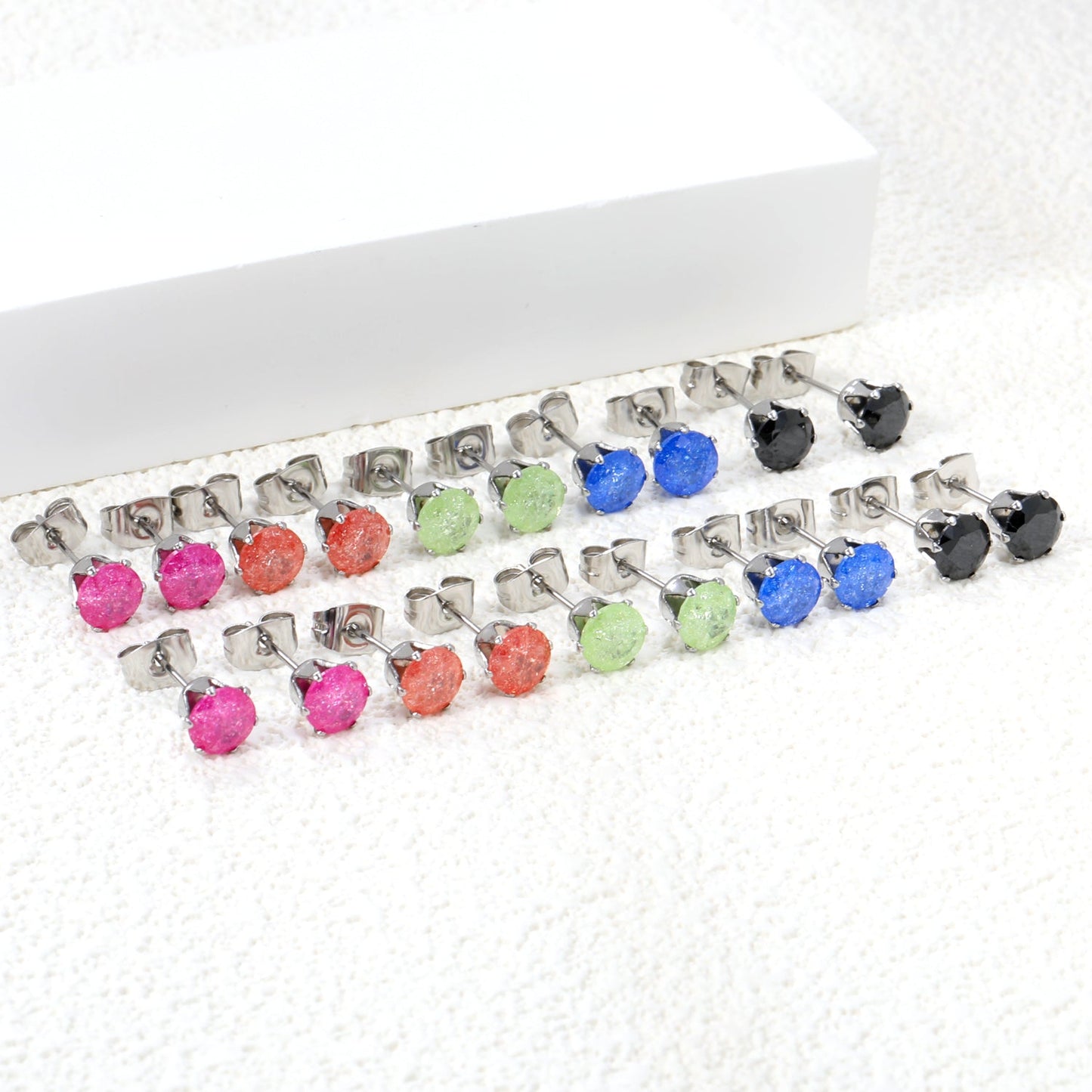 Qty 10pcs 6mm Six Catch Round Mixed Color Diamonds Steel Stud Earrings asonjewelry