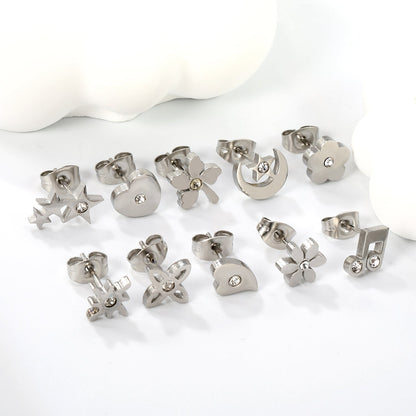 10 Pairs Mixed Cut Diamond Stud Earrings Steel Color asonjewelry