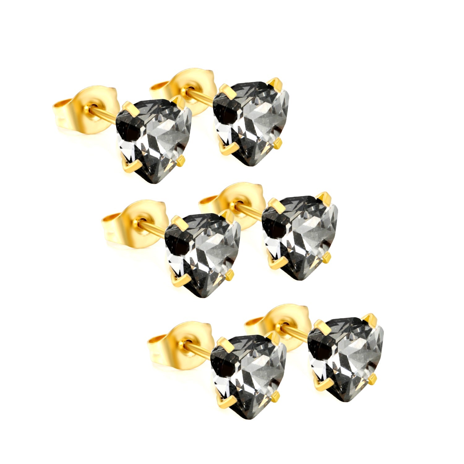 3 pairs of white/mineral black/red/light pink/champagne color 7mm equilateral triangle diamond earrings set Gold color asonjewelry