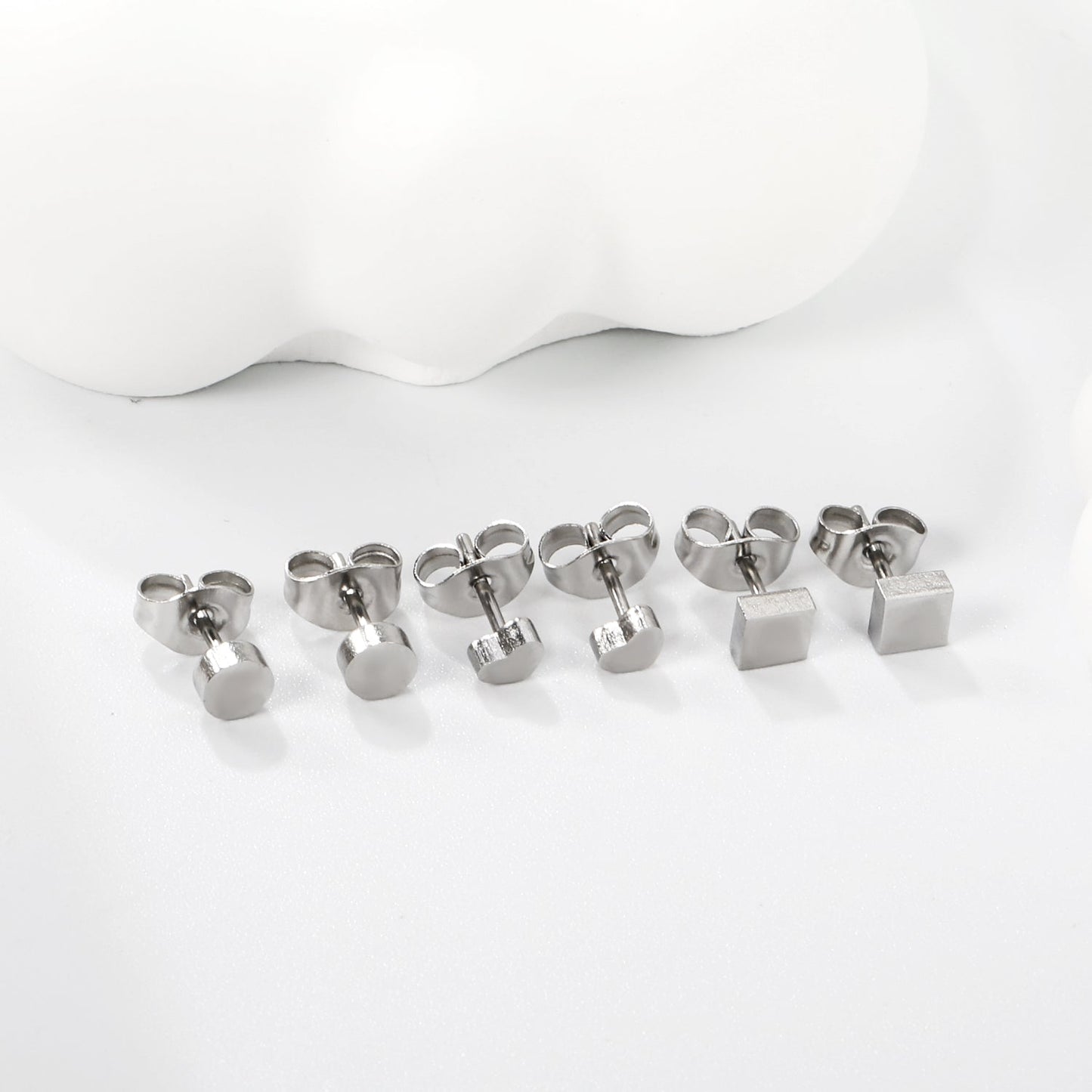 3 Pairs Mixed Cut Stud Earrings (Round 4mm, Heart 4*3mm, Square 4mm) Steel Color/Golden Color asonjewelry