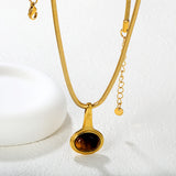 22*34.45mm French oval natural tiger-eye stone pendant, 3mm round snake, 40+5cm+6mm round tail tag, necklace, gold