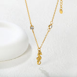 7.6*18mm sea horse pendant with double round diamonds, 0.4 cross chain, 45+5cm+6mm round tail tag, necklace, gold