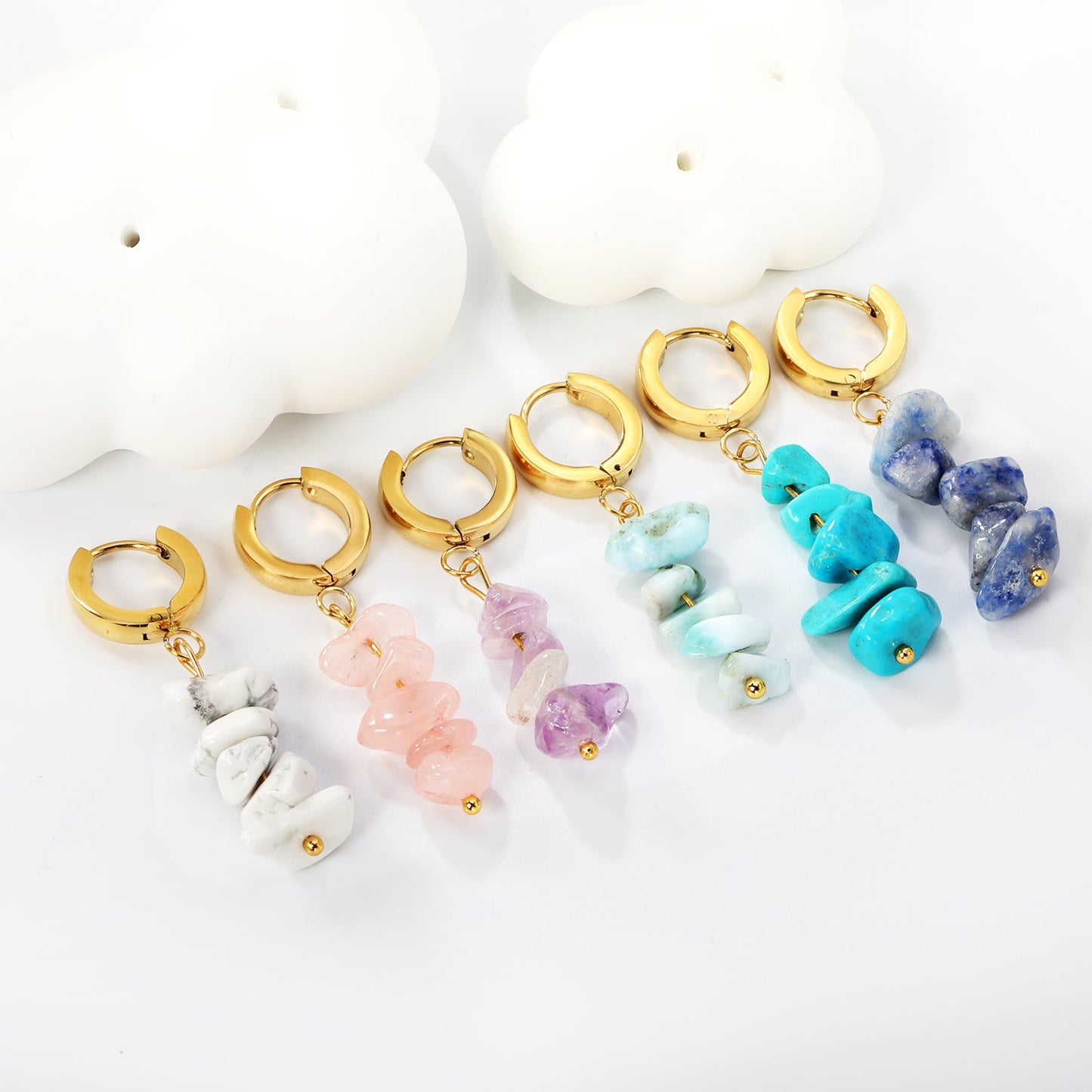 W3*Thick2*ID9mm Spherical Earrings + 2.5cm Imitation Turquoise/White Turquoise/Light Amethyst/Amethyst/Pink Crystals/Larimarite Earrings Gold Color asonjewelry