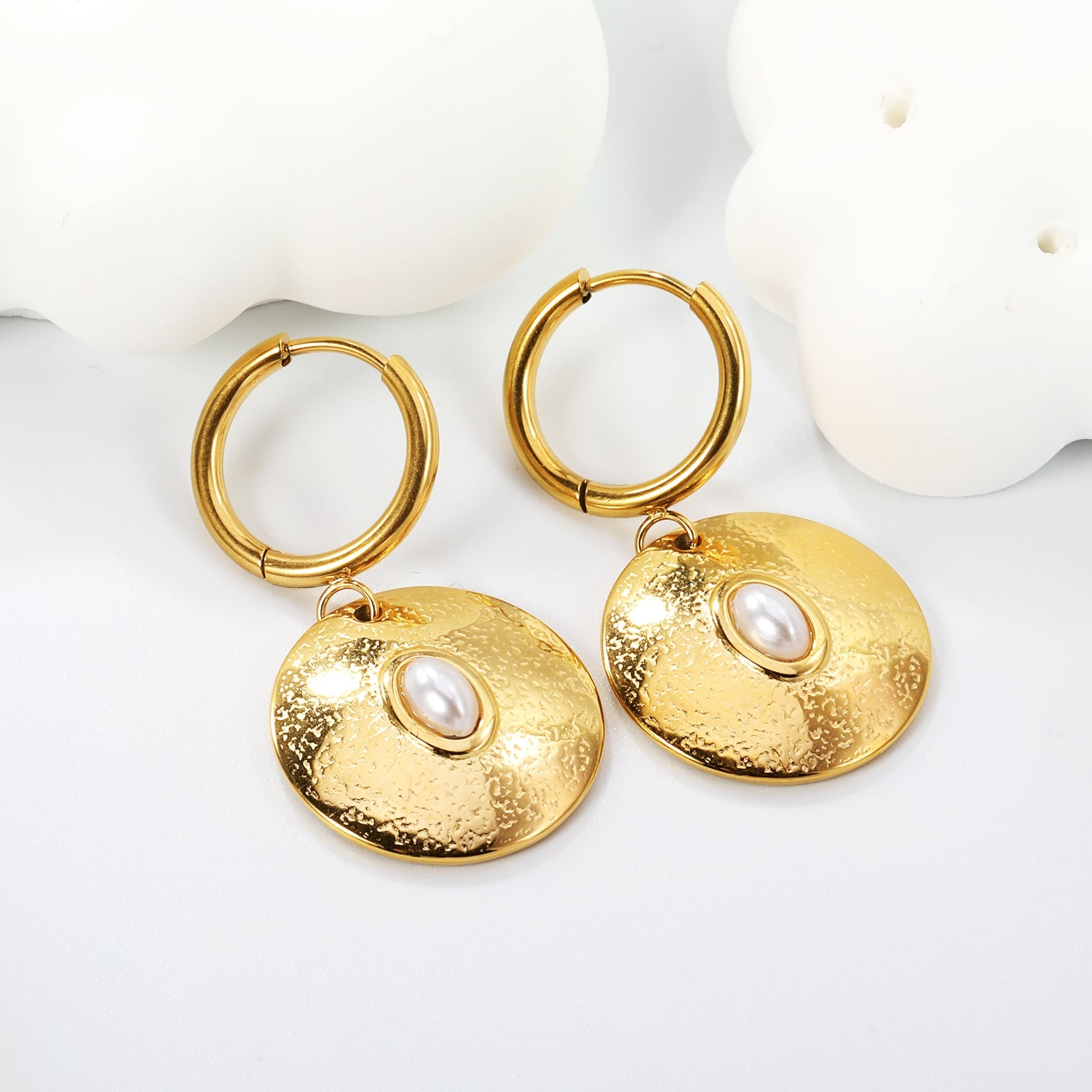2*12mm inner diameter earrings + 20mm round with oval imitation white pearl/white cat's eye stone/turquoise earrings gold color asonjewelry