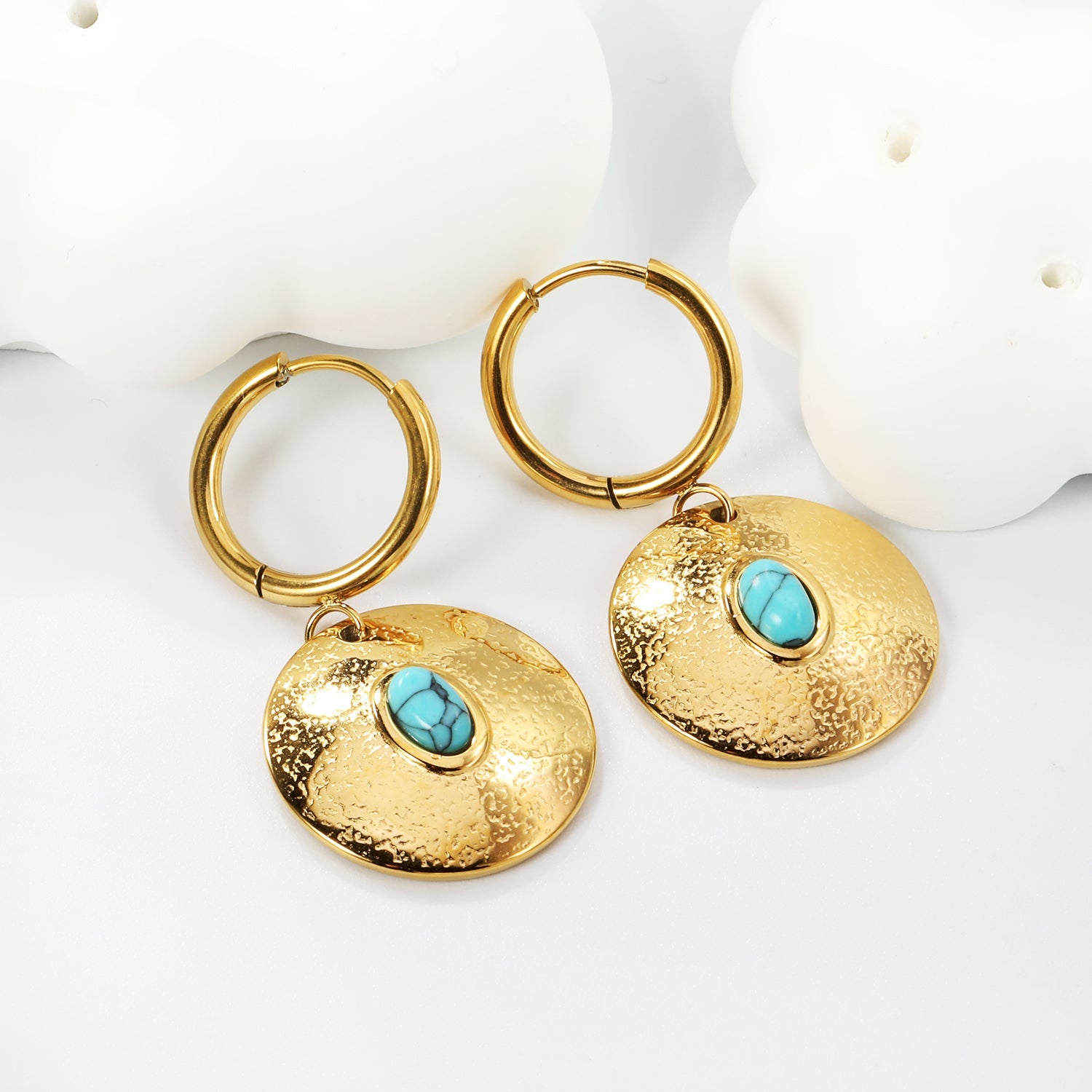 2*12mm inner diameter earrings + 20mm round with oval imitation white pearl/white cat's eye stone/turquoise earrings gold color asonjewelry