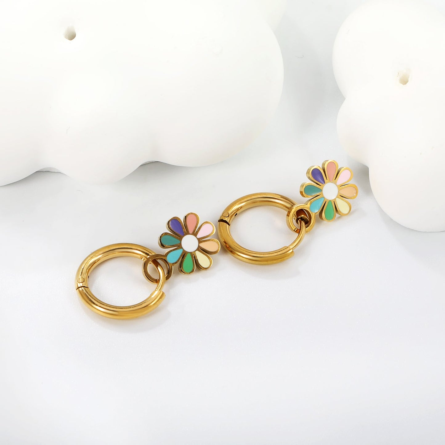 2*10mm circle + 9.4*13mm eight petal flower with colorful oil drop earrings in steel/golden color asonjewelry