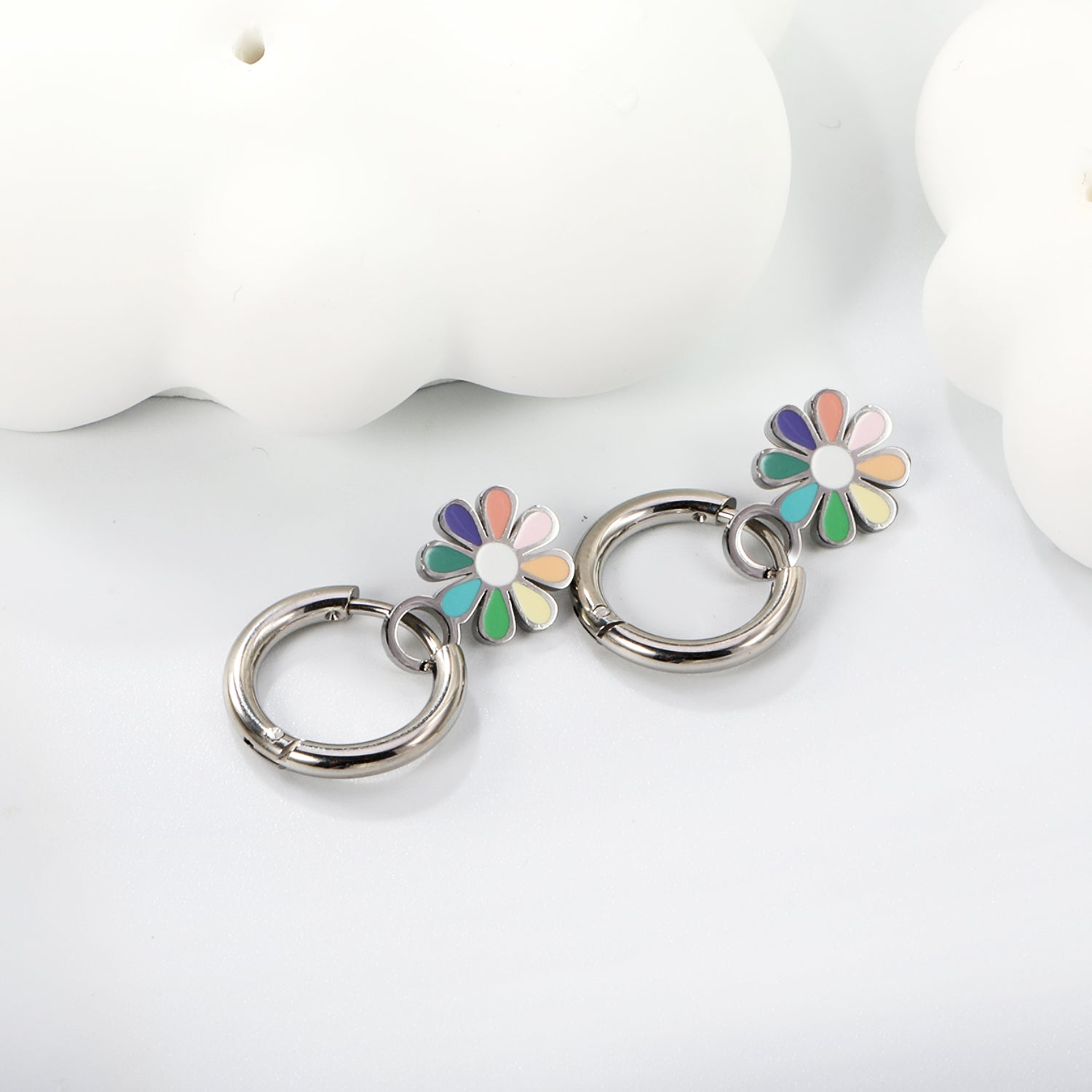 2*10mm circle + 9.4*13mm eight petal flower with colorful oil drop earrings in steel/golden color asonjewelry