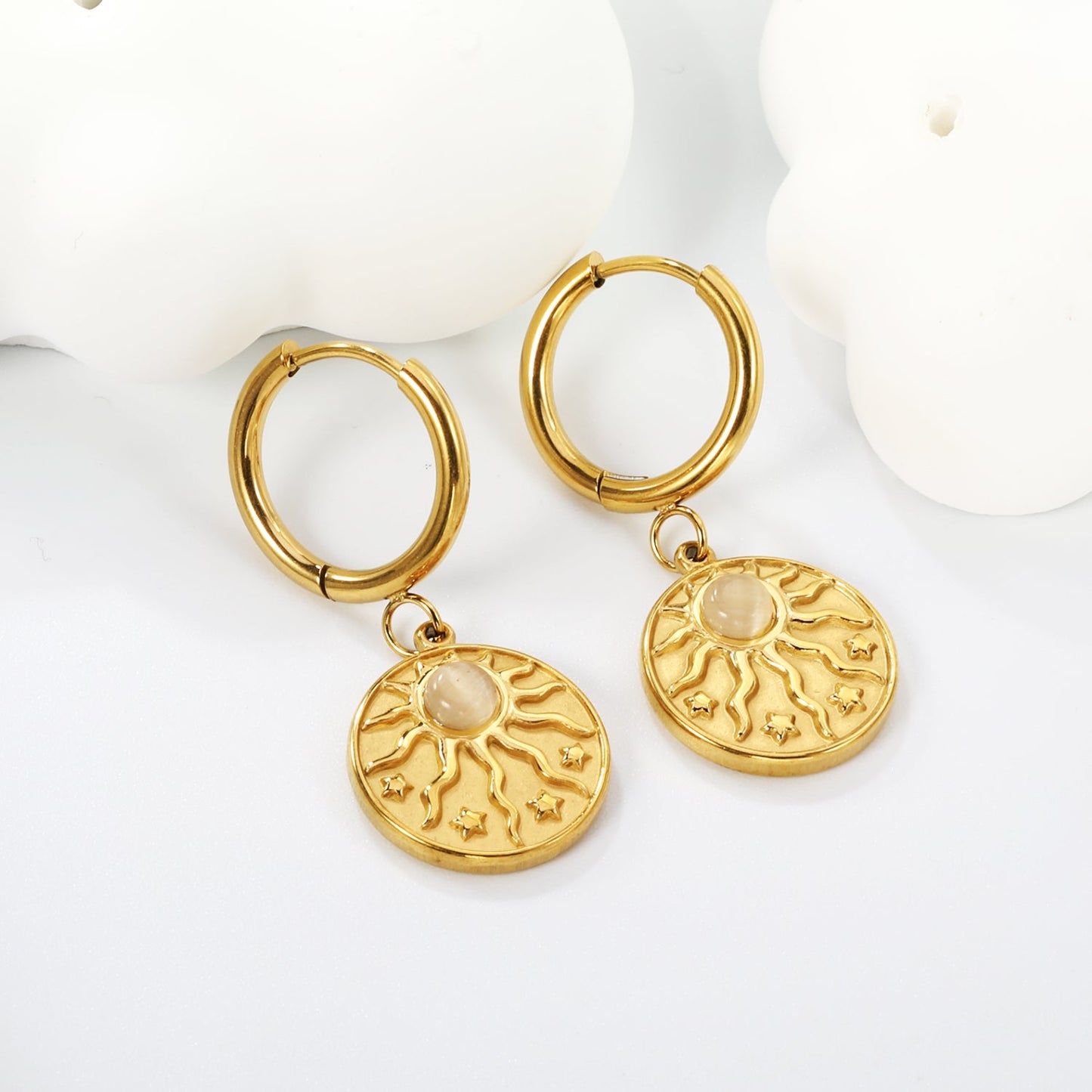 2*12mm I.D. earrings + 15mm round sunburst with white pearl/white cat's eye/turquoise earrings gold color asonjewelry