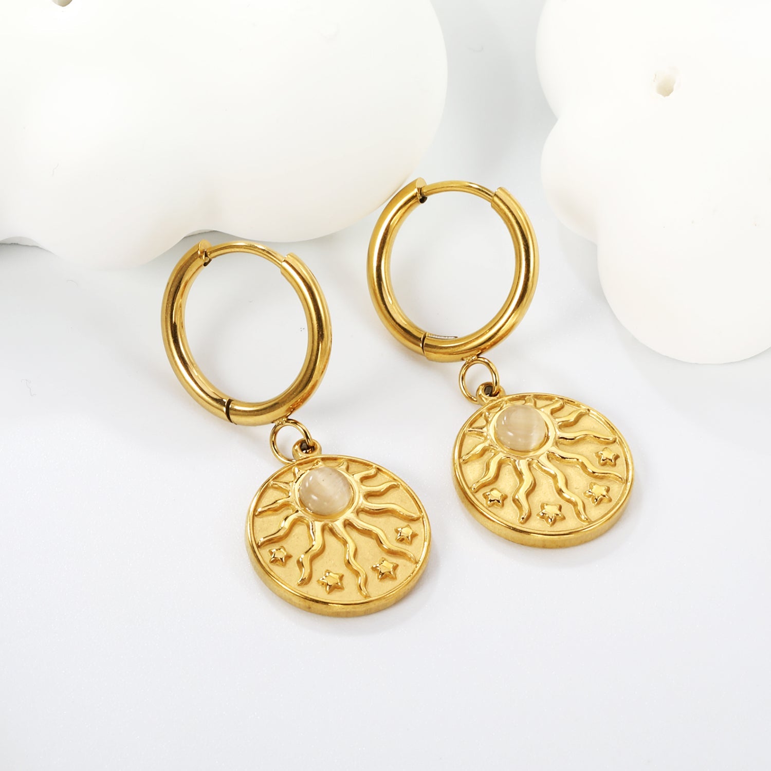 2*12mm I.D. earrings + 15mm round sunburst with white pearl/white cat's eye/turquoise earrings gold color asonjewelry