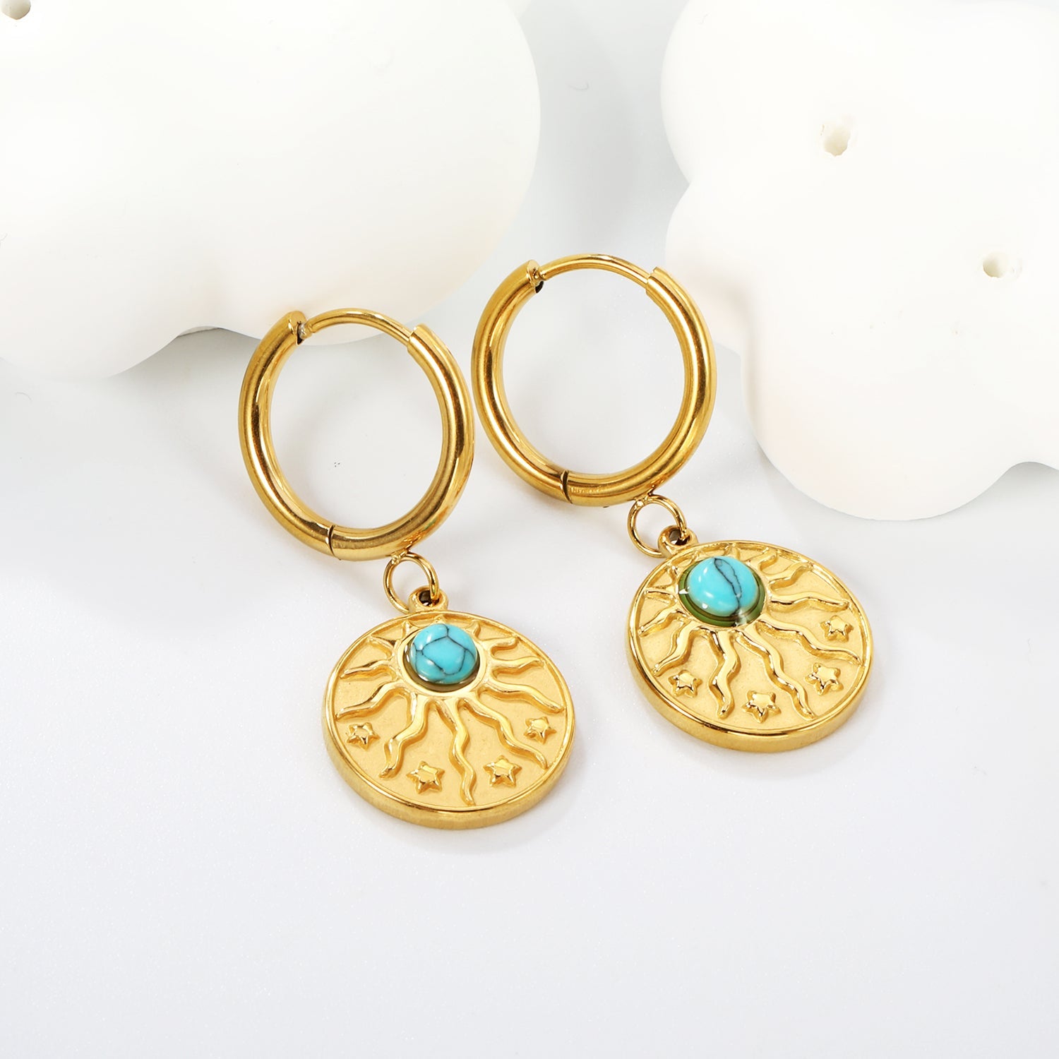 2*12mm I.D. earrings + 15mm round sunburst with white pearl/white cat's eye/turquoise earrings gold color asonjewelry