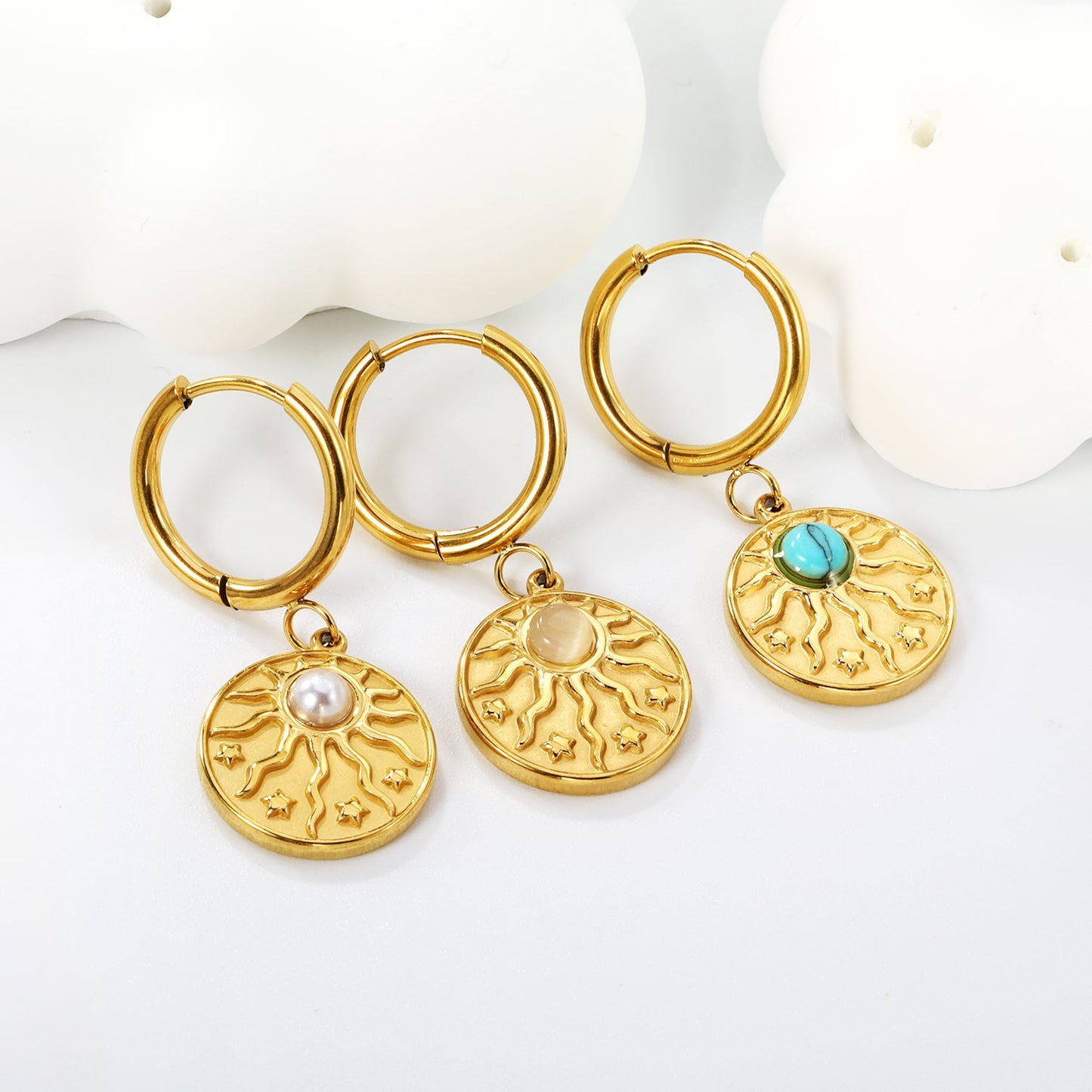 2*12mm I.D. earrings + 15mm round sunburst with white pearl/white cat's eye/turquoise earrings gold color asonjewelry