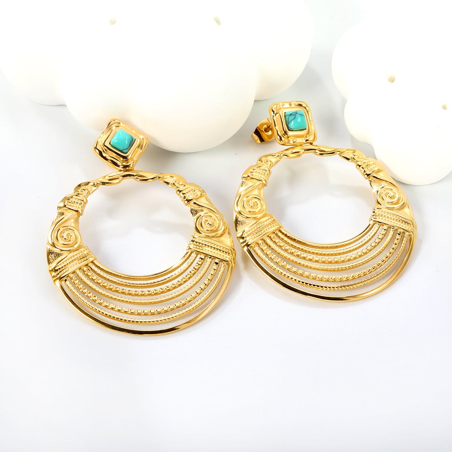 12.2mm Rhombus with Turquoise + 38.5mm Textured Circle Earrings Gold Color asonjewelry