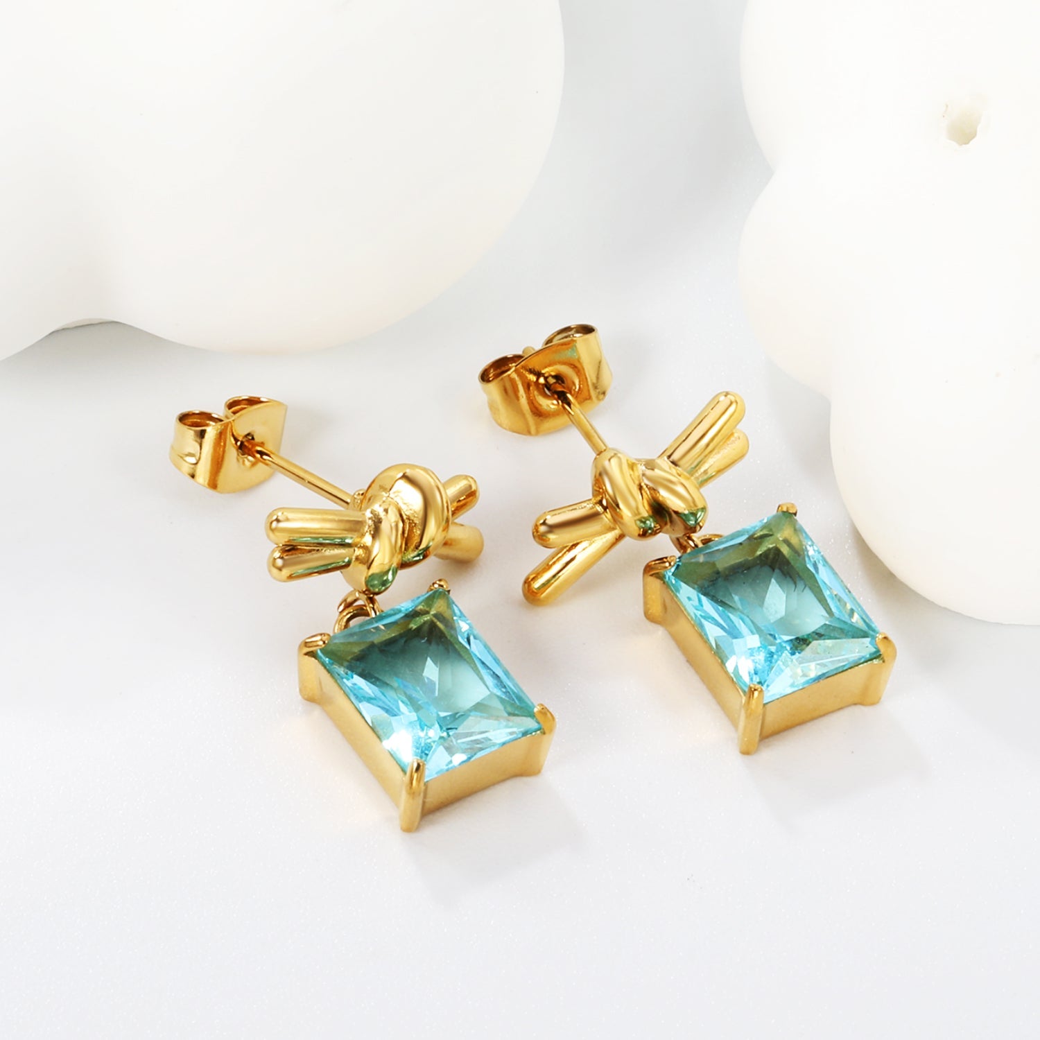 13.3*6mm Rope Ribbon + 8*10mm Rectangle Light Blue Zirconia Earrings Steel/Golden asonjewelry