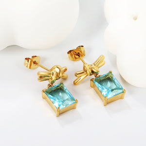 13.3*6mm Rope Ribbon + 8*10mm Rectangle Light Blue Zirconia Earrings Steel/Golden