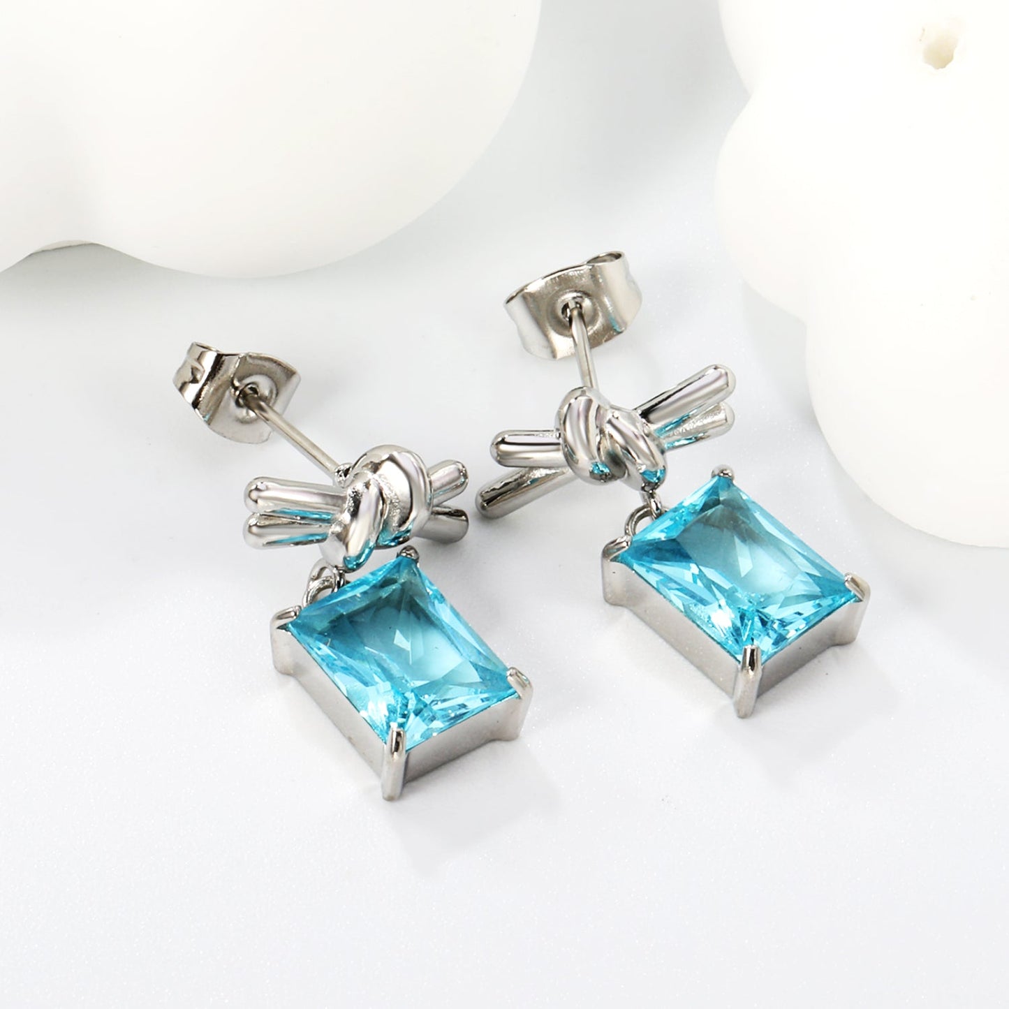 13.3*6mm Rope Ribbon + 8*10mm Rectangle Light Blue Zirconia Earrings Steel/Golden asonjewelry